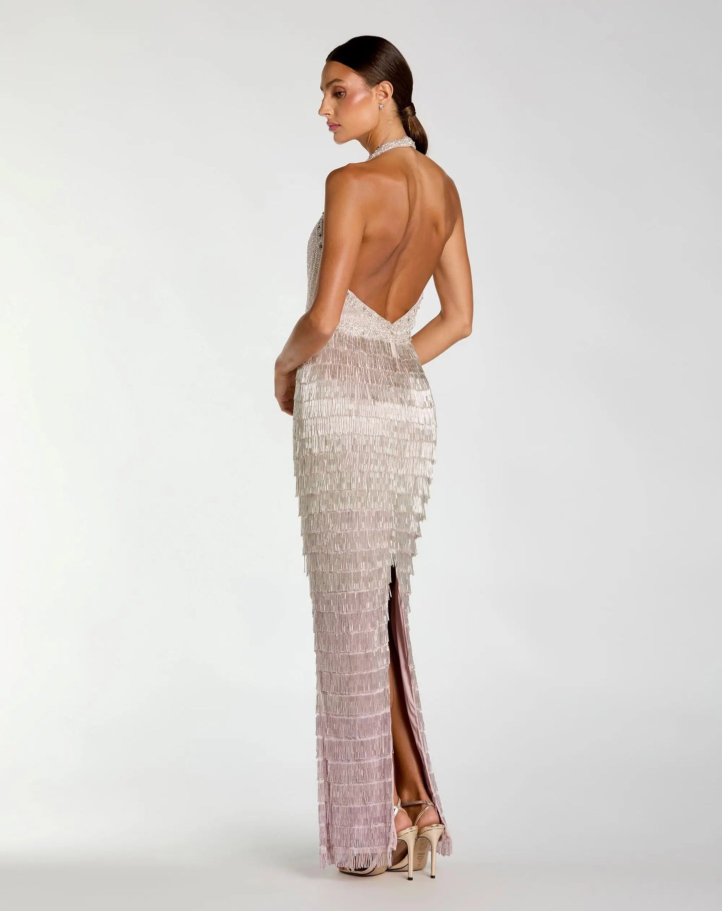 Purple and Silver Halter Neck Embellished Fringe Gown