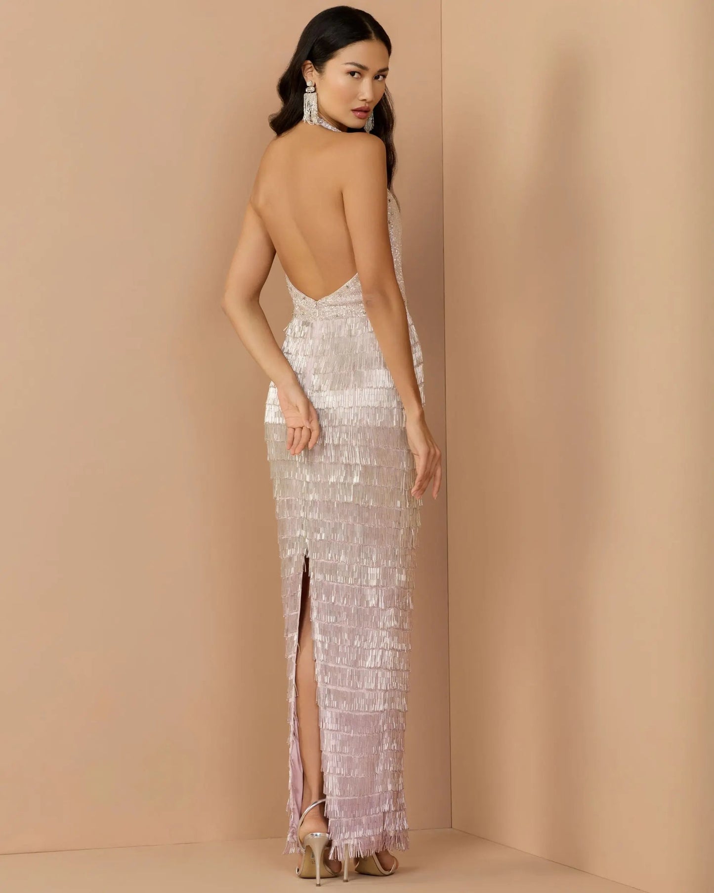 Purple and Silver Halter Neck Embellished Fringe Gown