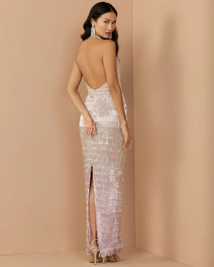 Purple and Silver Halter Neck Embellished Fringe Gown