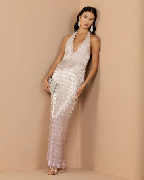 Purple and Silver Halter Neck Embellished Fringe Gown