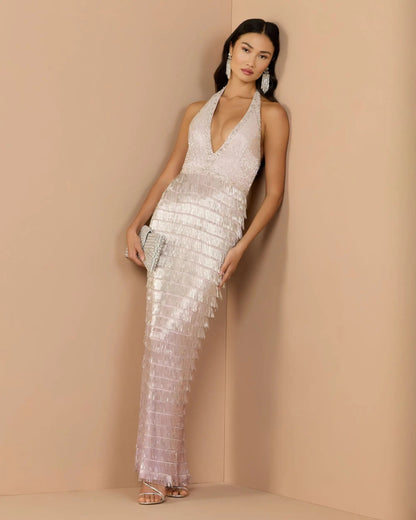 Purple and Silver Halter Neck Embellished Fringe Gown