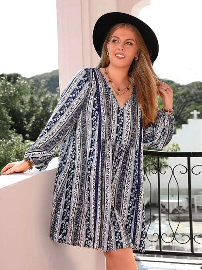 Hazel Blues® | Boho Print V-Neck Long Sleeve Mini Dress