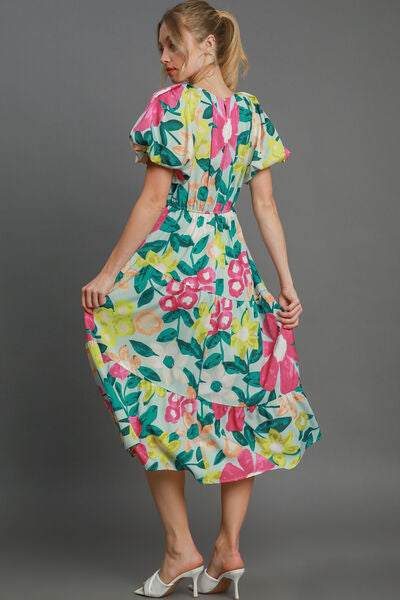 Hazel Blues® | Umgee Tiered Floral Print Notched Puff Sleeve Midi Dress