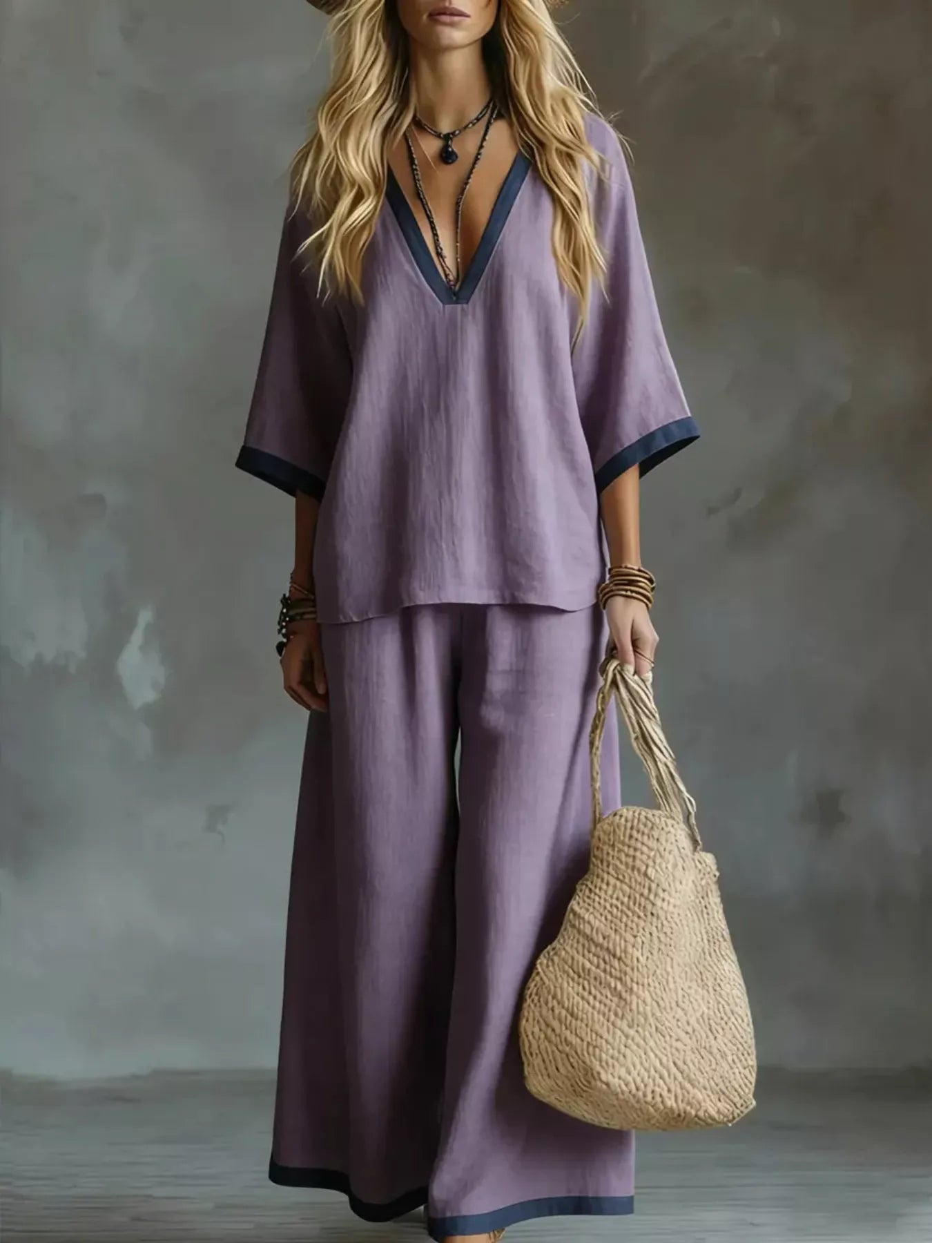 Hazel Blues® |  Contrast Trim V-Neck Top and Pants Set