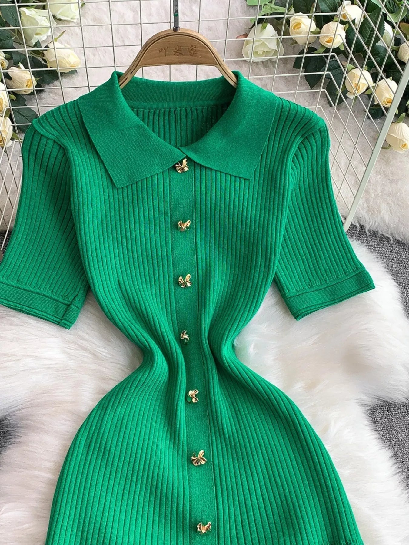 Hazel Blues® |  Button Front Ribbed Knit Midi Dress