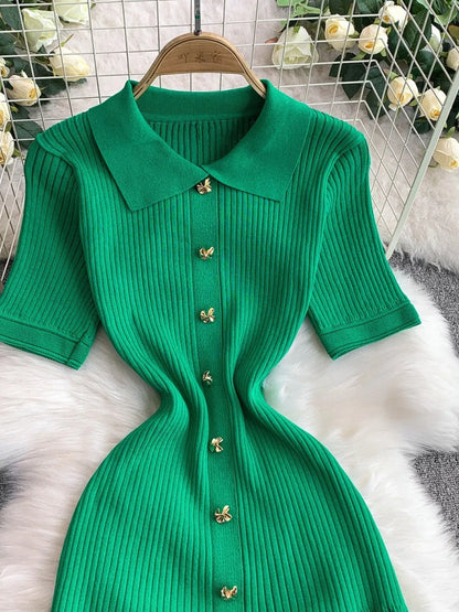 Hazel Blues® |  Button Front Ribbed Knit Midi Dress
