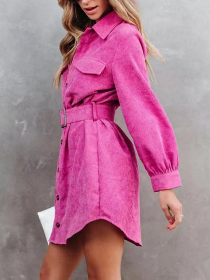 Hazel Blues® |  Button Front Belt Long Sleeve Corduroy Dress