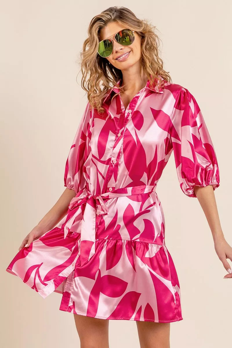 Hazel Blues® |  BiBi Leaf Pattern Collared Satin Dress