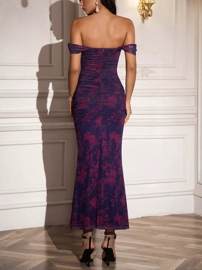 Hazel Blues® |  Off-Shoulder Ruched Floral Mermaid Dress