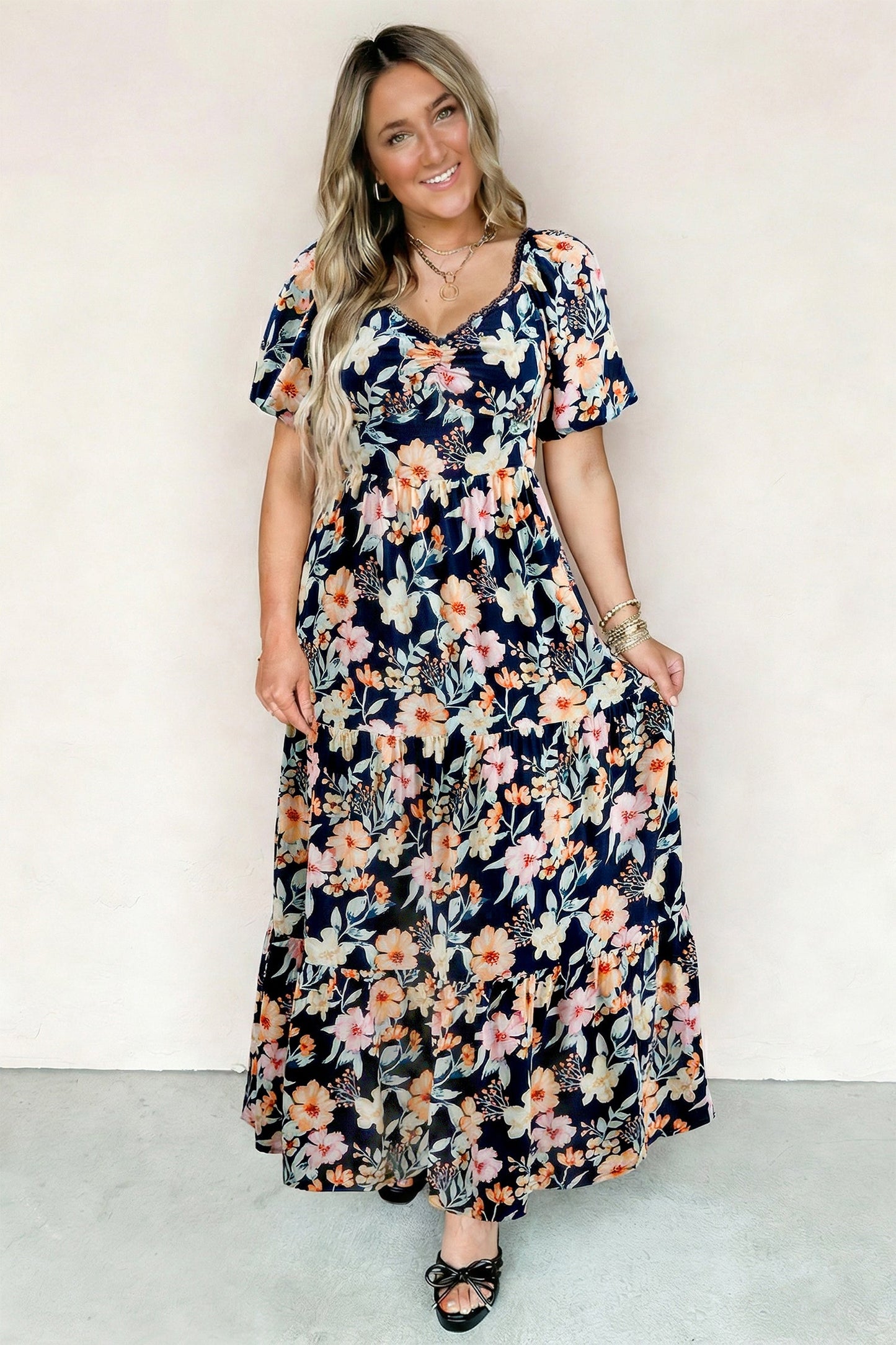 Hazel Blues® |  Blue Short Sleeve Smocked Detail High Waist Floral Maxi Dress