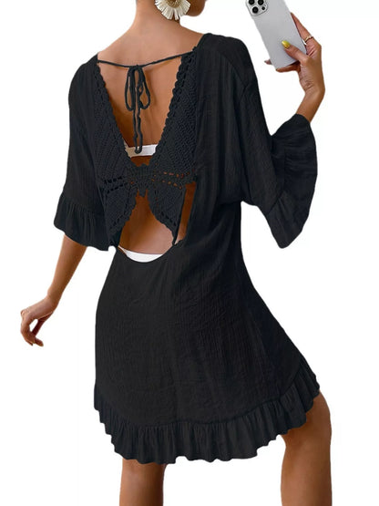 Hazel Blues® | Ruffle Trim Butterfly Back V-Neck Cover-Up Dress