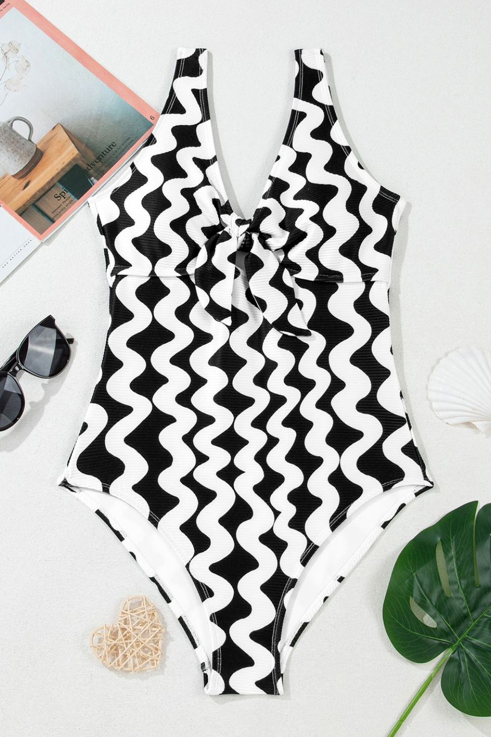 Hazel Blues® | Tied Front Contrast Striped One-Piece Swimsuit