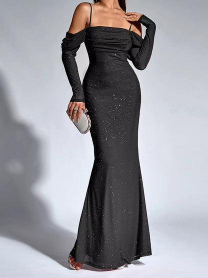 Hazel Blues® |  Glitter Ruched Long Sleeve Mermaid Maxi Dress