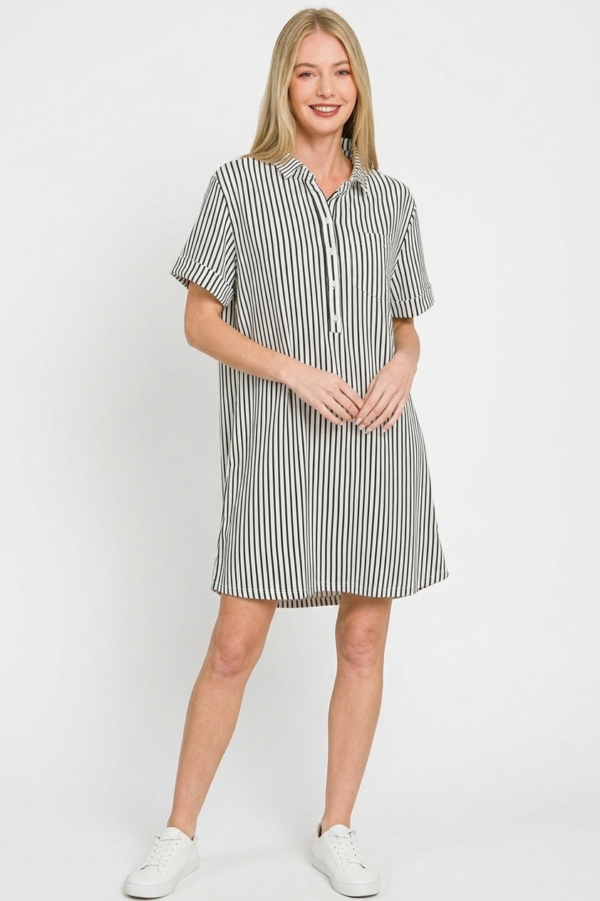 Hazel Blues® |  Zenana Stripe Collared Half Button Up T-Shirts Dress