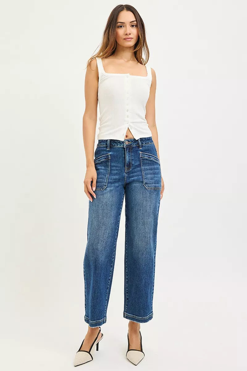 Hazel Blues® |  RISEN Slouchy Cropped Baggy Jeans with Front Patch Pocket