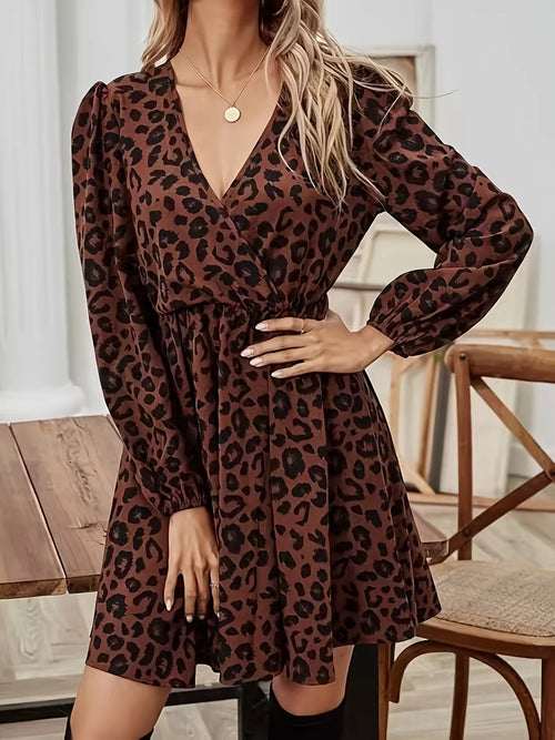 Hazel Blues® |  Leopard Print V-Neck Long Sleeve Mini Dress