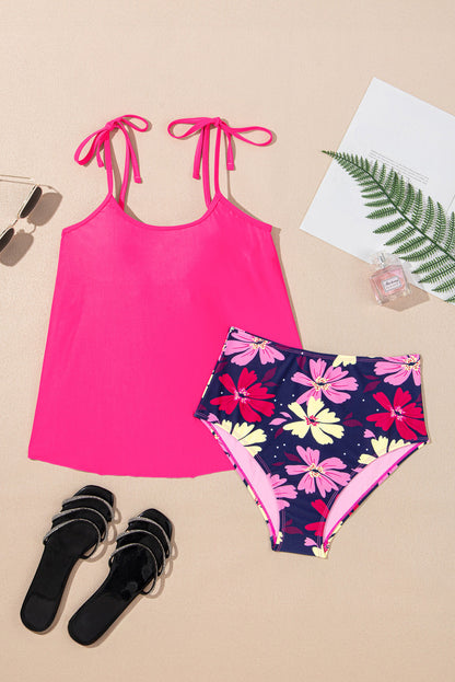 Hazel Blues® | Rose Red Tie Shoulder Floral Print Cute Tankini Set