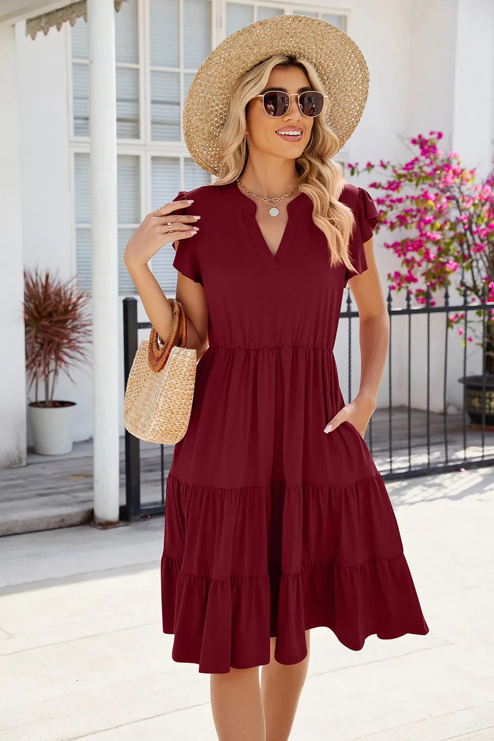 Hazel Blues® |  Ruched Notched Cap Sleeve Dress