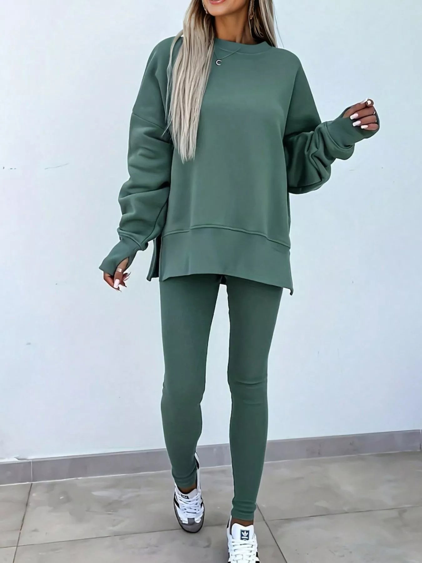 Hazel Blues® |  Solid Color Oversize Slit Sweatshirt and Ribbed Leggings 2pcs Set