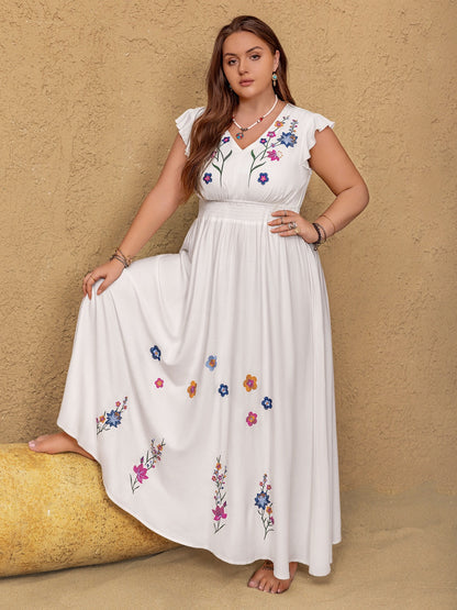 Hazel Blues® | Embroidered Floral V-Neck Cap Sleeve Maxi Dress