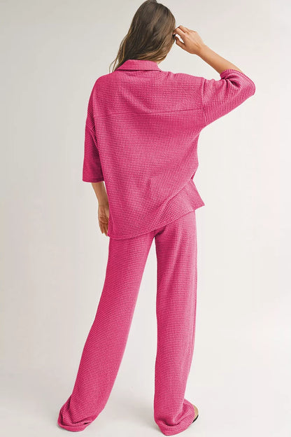 Hazel Blues® |  Solid Color Textured Buttoned Shirt and Casual Pants Set