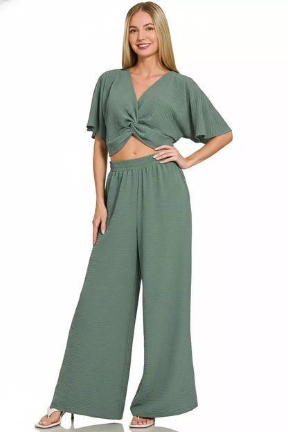 Hazel Blues® |  Zenana Woven Airflow Twisted Top & Wide Leg Pants Set