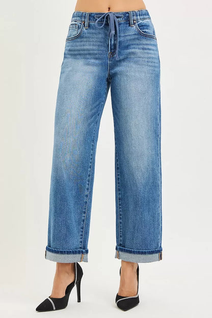 Hazel Blues® |  RISEN Elastic Band Slouch Ankle Boyfriend Cuffed Hem Jeans
