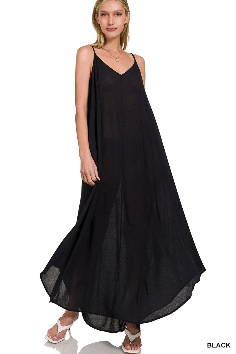 Hazel Blues® |  Zenana Woven Crinkle Cami Maxi Dress with Side Pockets