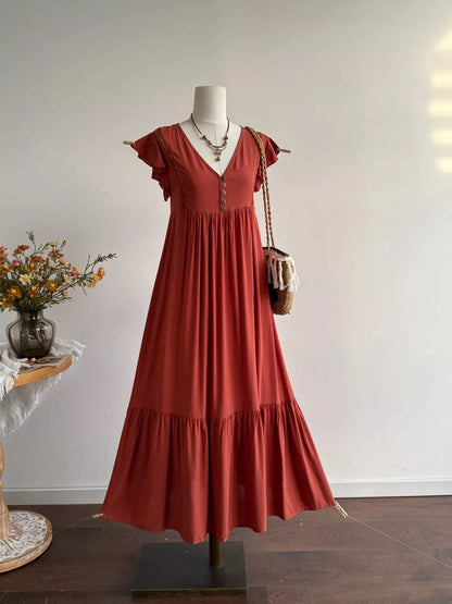 Hazel Blues® |  Ruffle Sleeve Maxi Dress with Button Detail