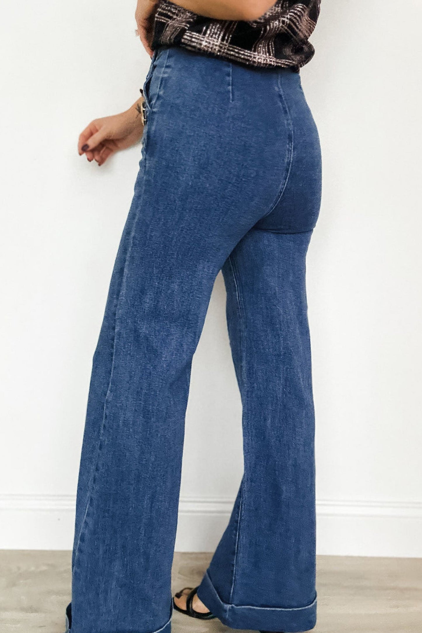 Hazel Blues® |  Ashleigh Blue Golden Button Detail Rolled Edge Flare Leg Jeans