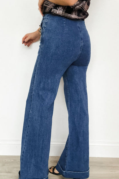 Hazel Blues® |  Ashleigh Blue Golden Button Detail Rolled Edge Flare Leg Jeans