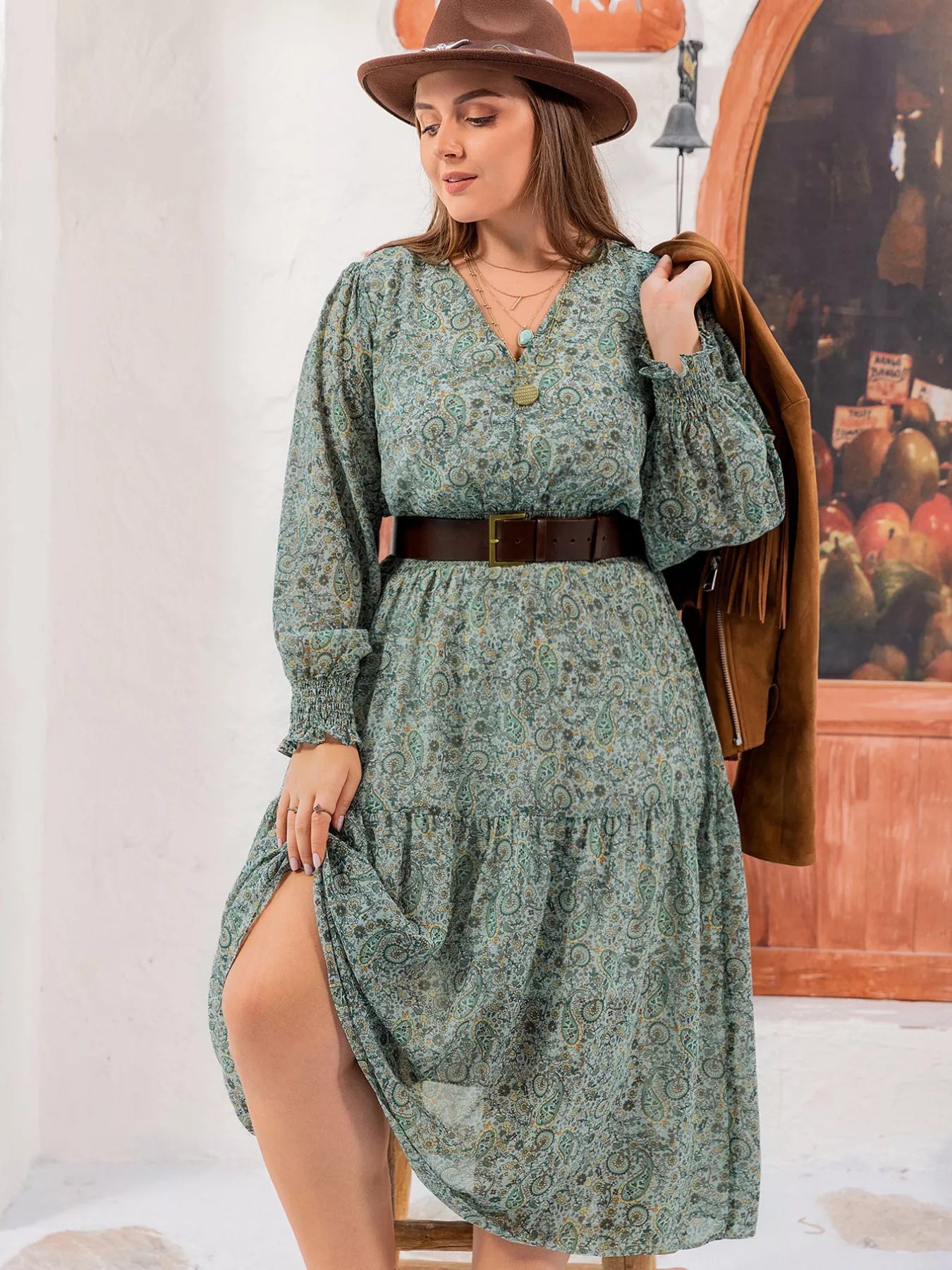 Hazel Blues® | Printed V-Neck Long Sleeve Midi Dress
