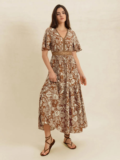 Hazel Blues® |  Lace Detail Printed Short Sleeve Midi Dress