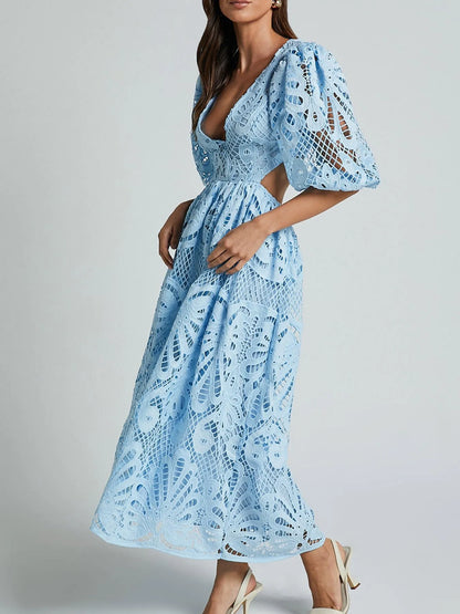 Hazel Blues® |  Cutout Back Lace Crochet V-Neck Dress