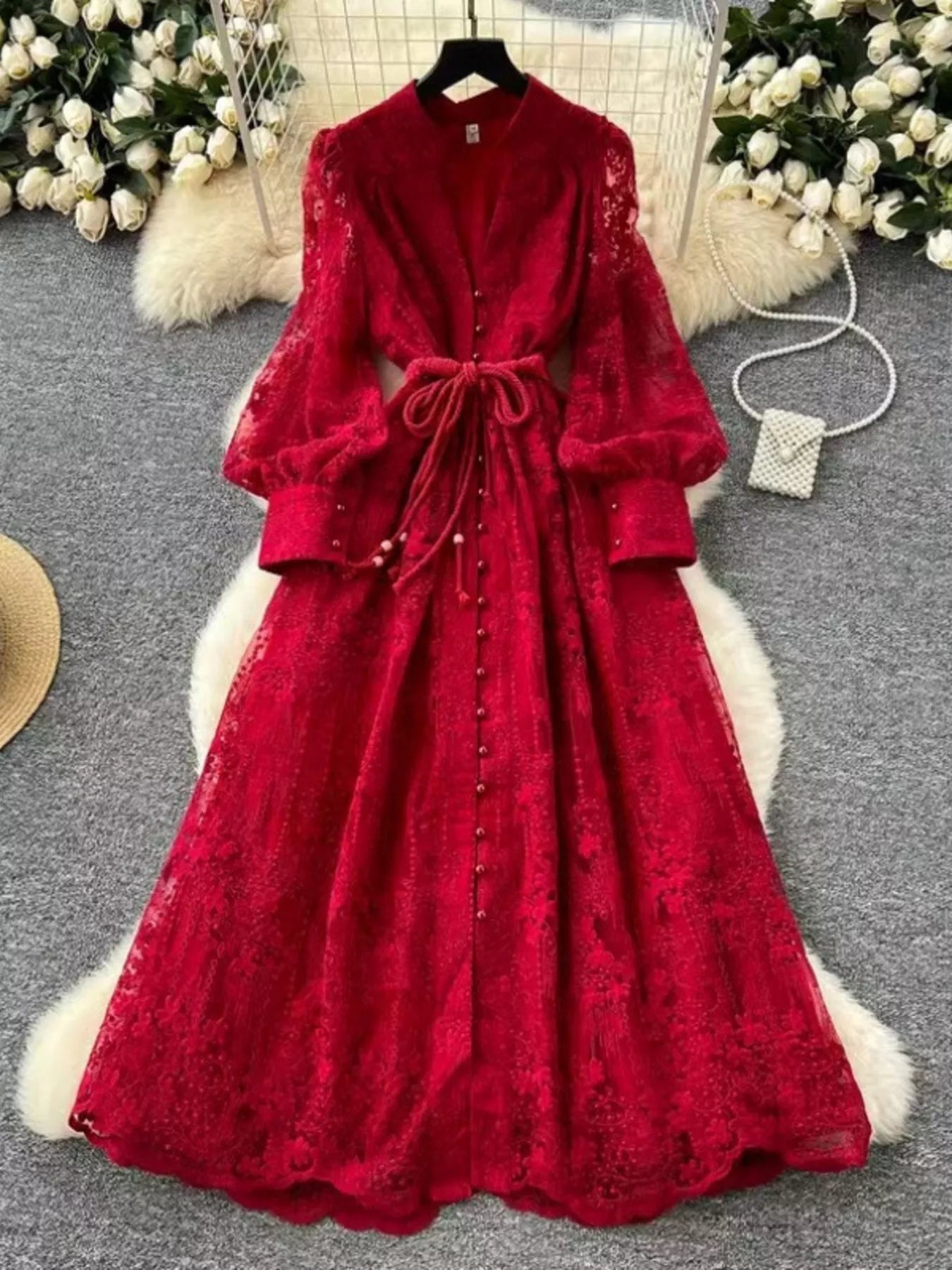 Hazel Blues® |  Lace Tie Waist Long Sleeve Dress