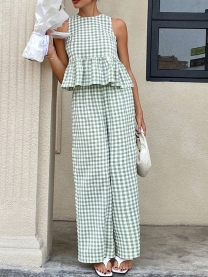 Hazel Blues® |  Gingham Sleeveless Top and Wide-Leg Pants Set