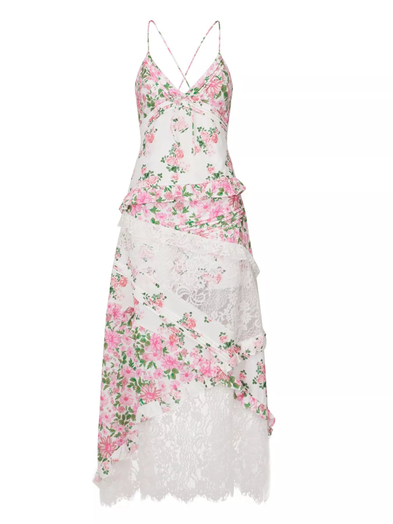 Hazel Blues® |  Lace Floral Print Ruffle Trim Maxi Dress