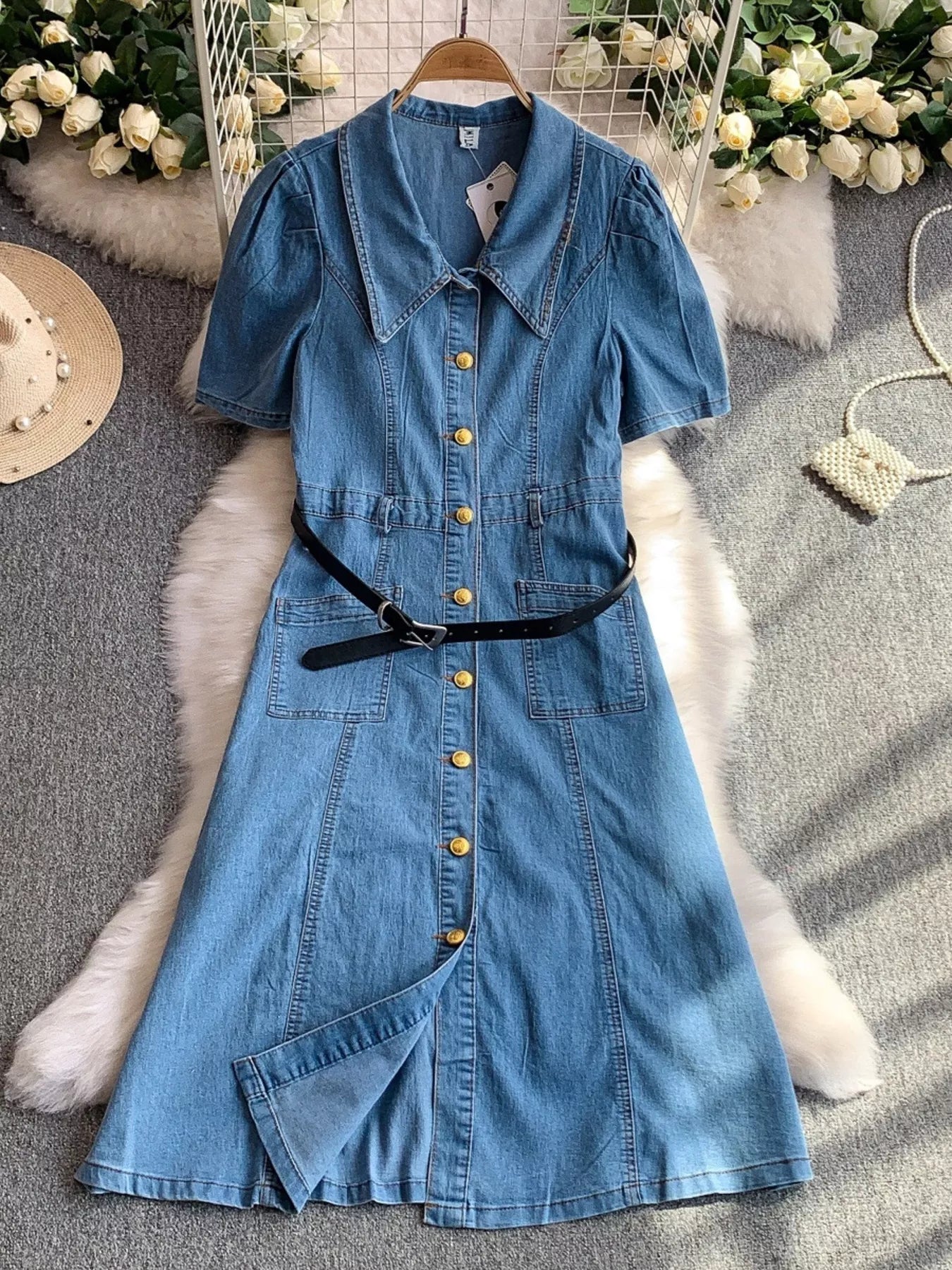 Hazel Blues® |  Button Front Short Sleeve Denim Dress
