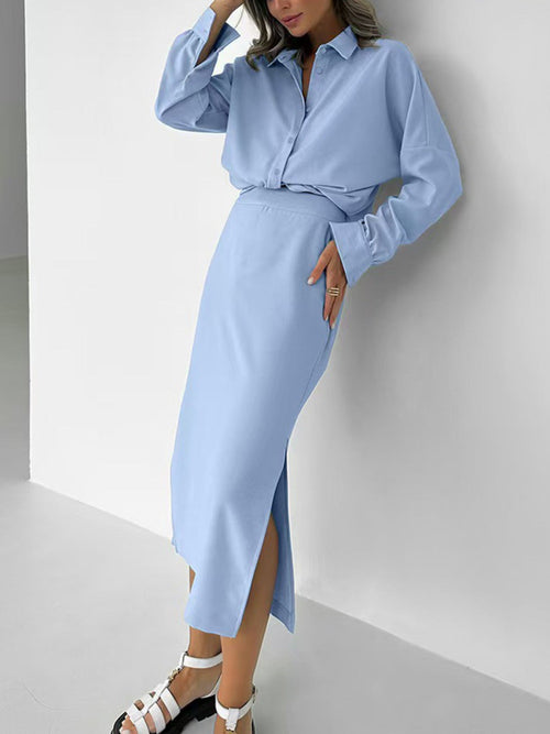 Hazel Blues® |  Long Sleeve Shirt and Slit Midi Skirt Set