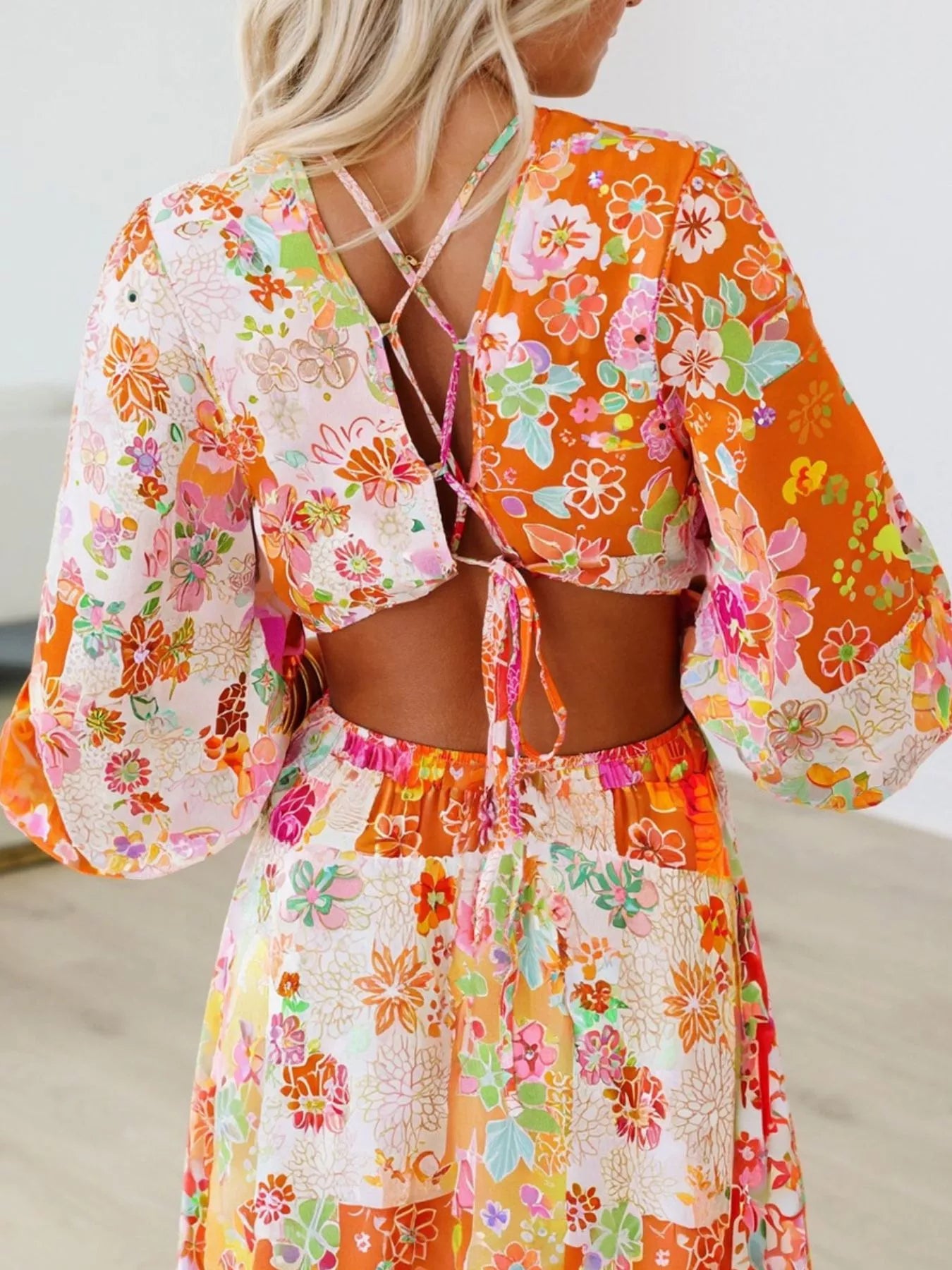 Hazel Blues® |  Vibrant Floral Long Sleeve Dress with Lace-Up Back