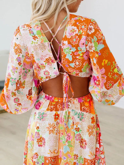 Hazel Blues® |  Vibrant Floral Long Sleeve Dress with Lace-Up Back