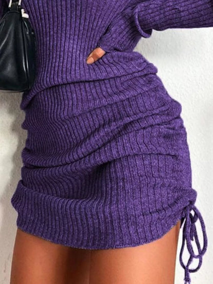 Hazel Blues® | Ribbed Knit Drawstring Bodycon Sweater Dress