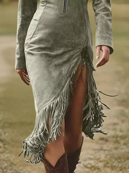Hazel Blues® | Fringe Hem Zip Front Bodycon Dress