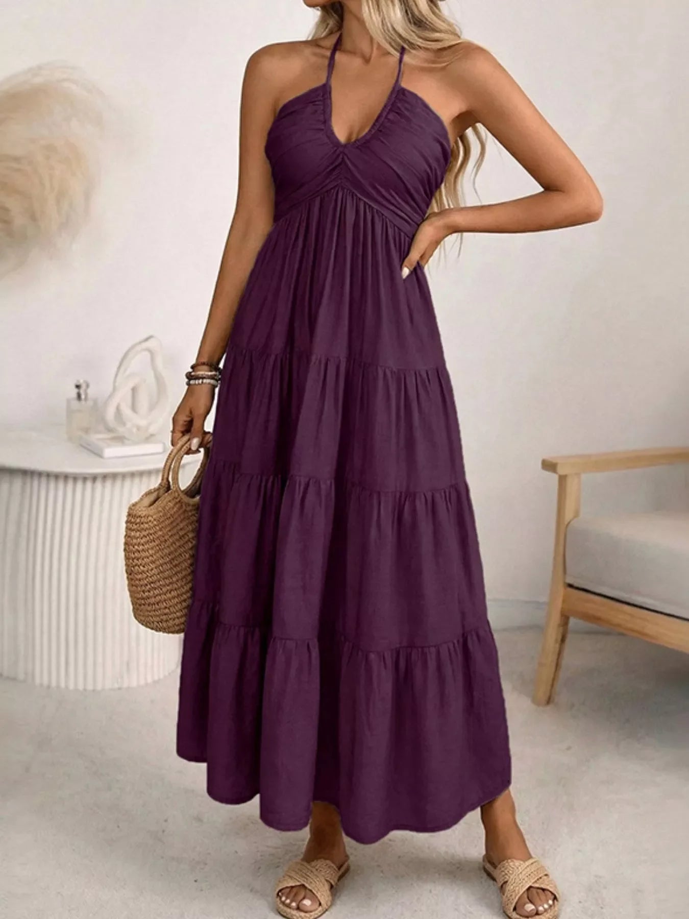 Hazel Blues® |  Halter Neck Tiered Midi Dress