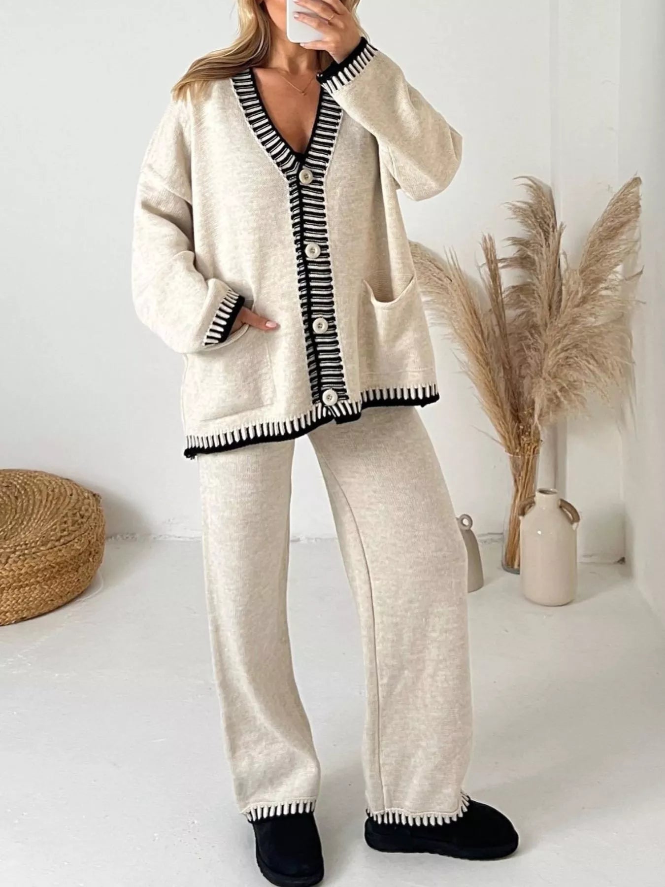 Hazel Blues® |  Button Up V-Neck Cardigan and Pants Sweater Set