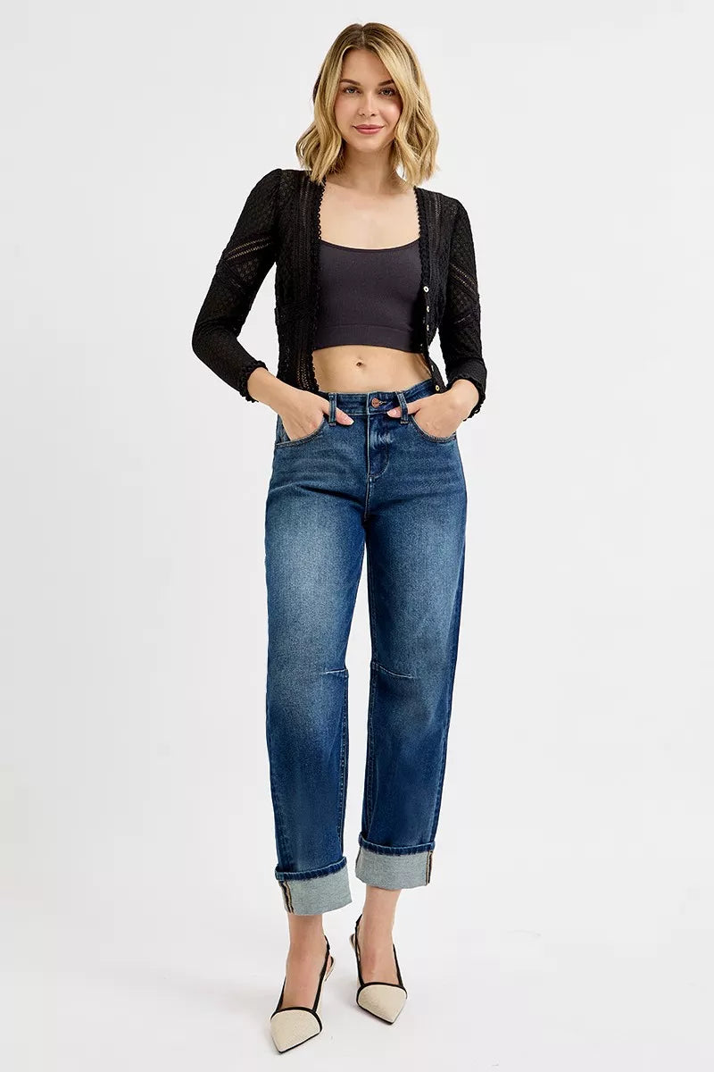 Hazel Blues® |  RISEN Slouchy Crop Barrel Cuffed Jeans
