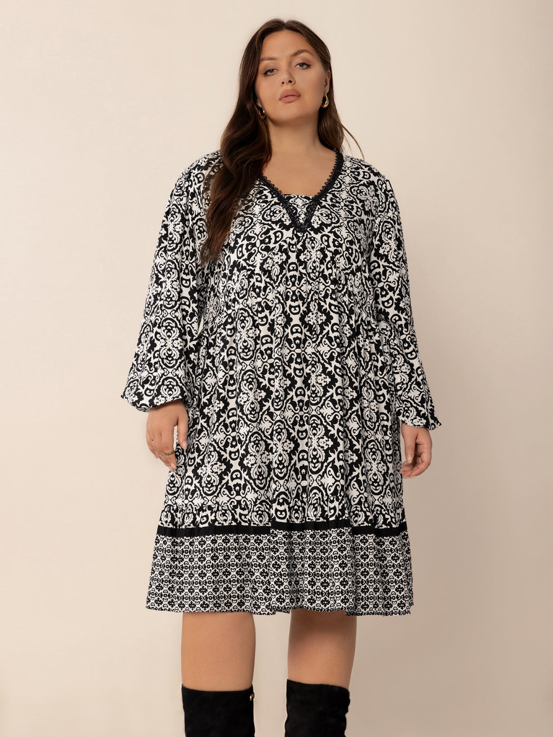 Hazel Blues® | Lace Detail Printed Balloon Sleeve Dress