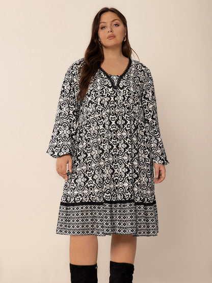 Hazel Blues® | Lace Detail Printed Balloon Sleeve Dress