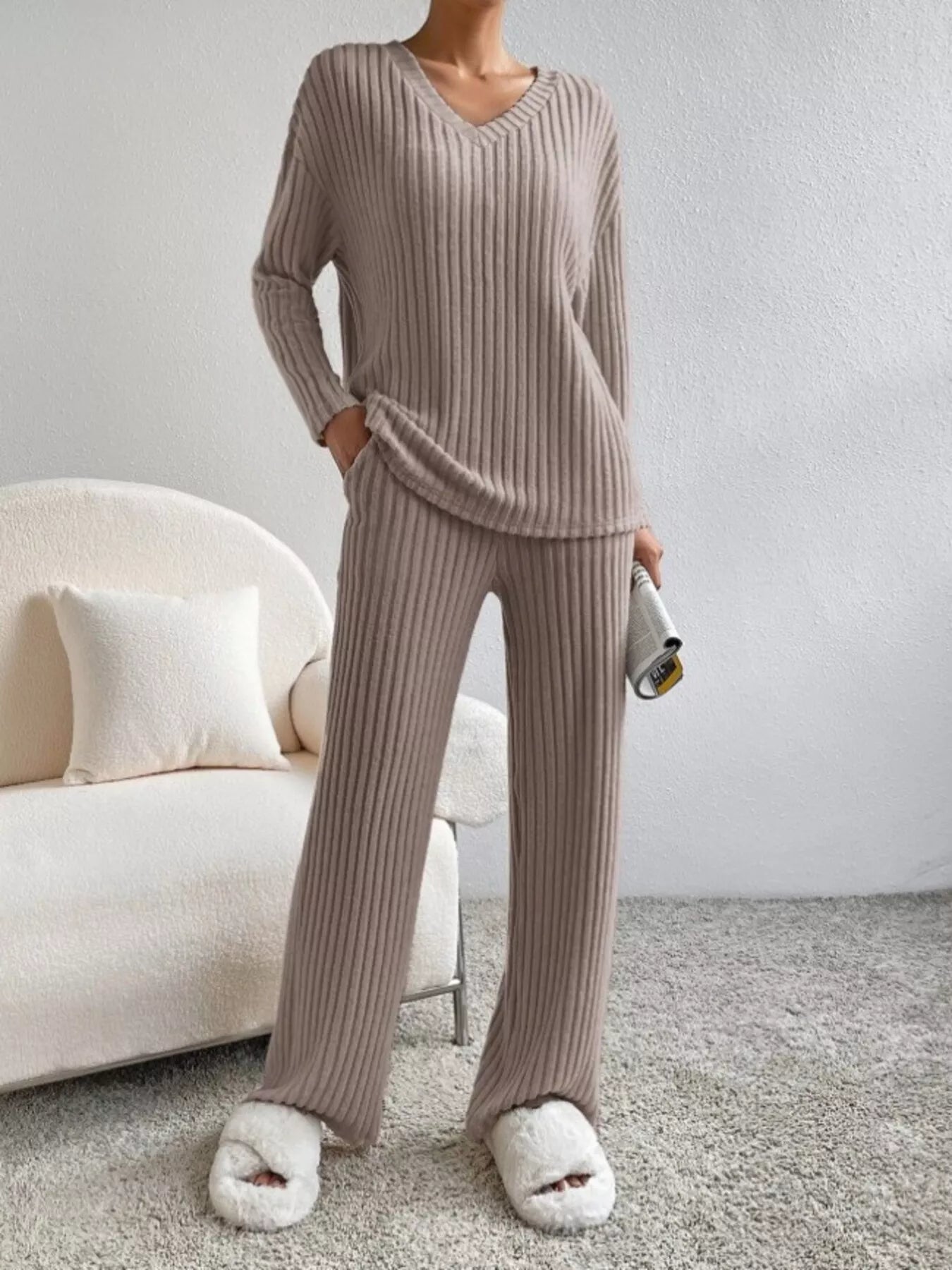 Hazel Blues® |  Ribbed Knit V-Neck Top and Pants Set