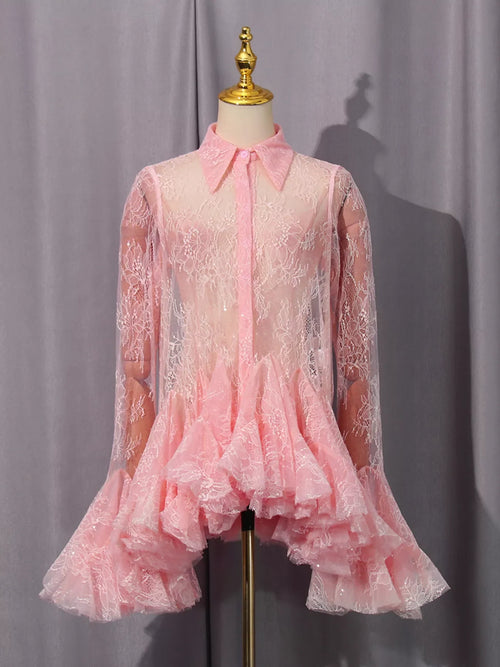Hazel Blues® |  Ruffled Hem Lace Long Sleeve Dress